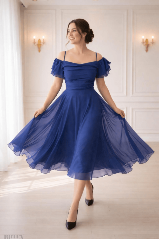 İp Askılı Dökük Kol Büyük Beden Şifon  Elbise 8642btx