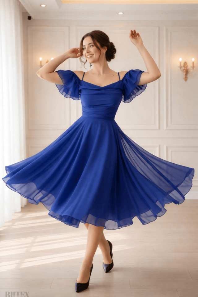 İp Askılı Dökük Kol Büyük Beden Şifon  Elbise 8642btx