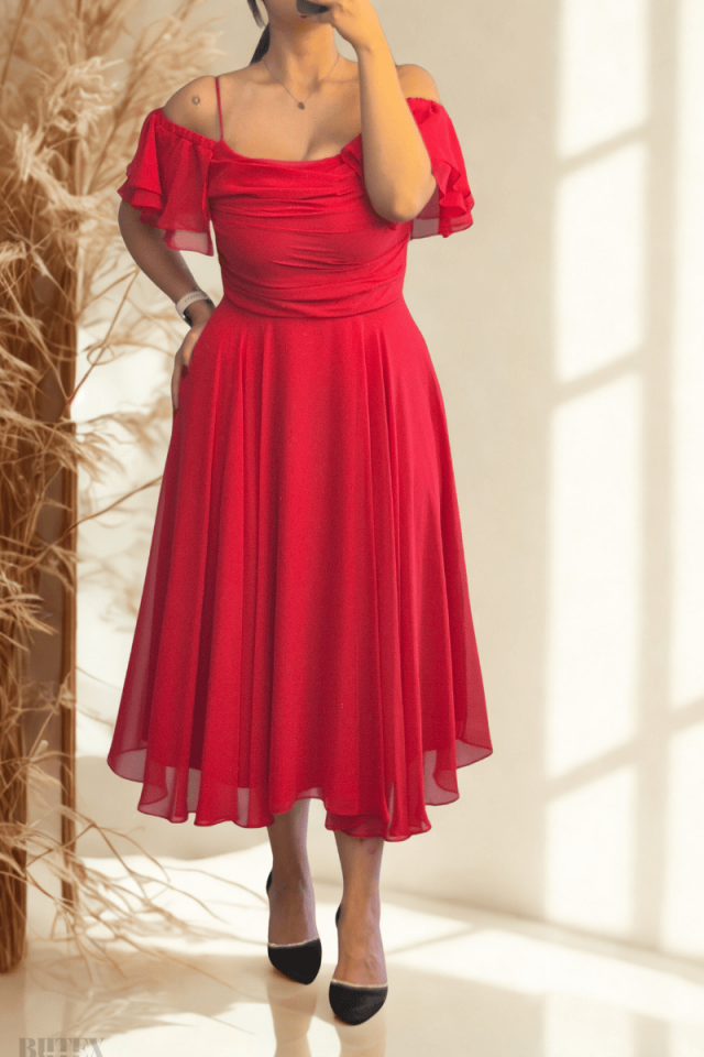 İp Askılı Dökük Kol Büyük Beden Şifon  Elbise 8642btx