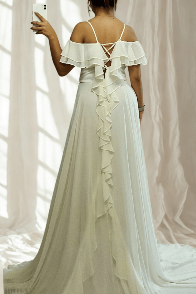 Arkası Bağcıklı Arkası Fırfır Kuyruklu Şifon Elbise 5064btx