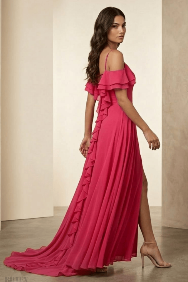 Arkası Bağcıklı Arkası Fırfır Kuyruklu Şifon Elbise 5064btx