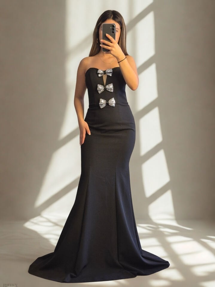 Göğsü Taş Fiyonk Detaylı Straplez Balık Model Abiye Elbise 4651btx