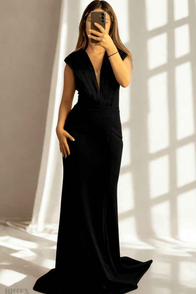 Yaka  Saten  Pilelli Balık Model Krep Kumaş Elbise 4704btx