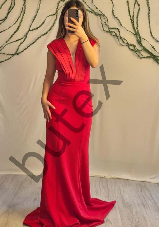Yaka  Saten  Pilelli Balık Model Krep Kumaş Elbise 4704btx