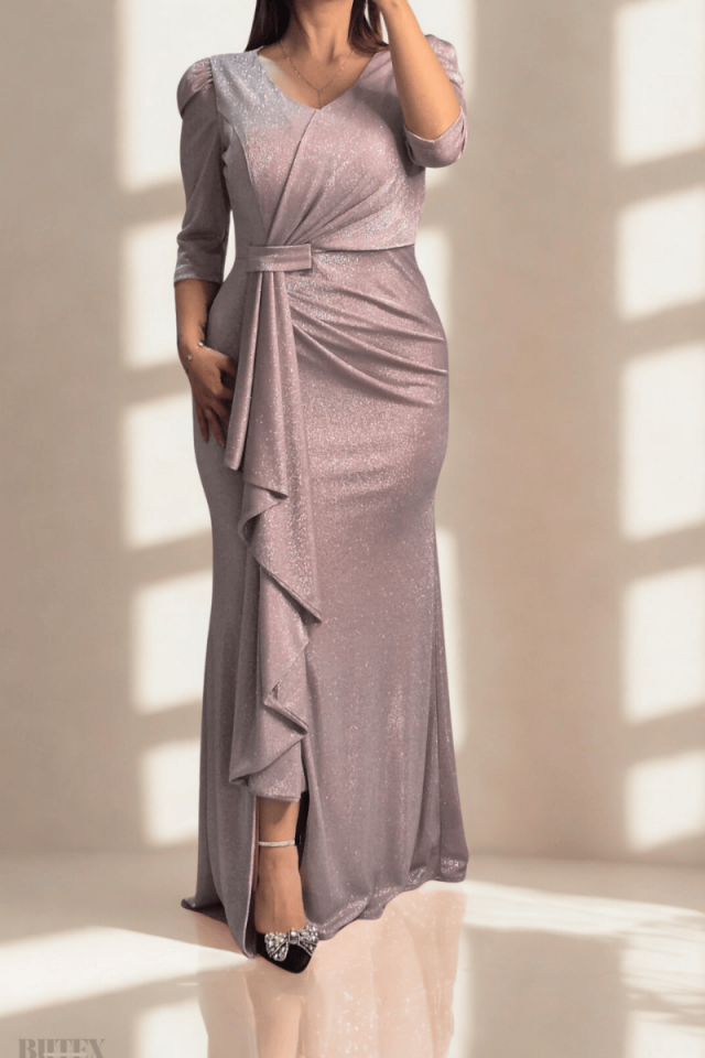 Büyük Beden Simli Kumaş Likralı Abiye Elbise 3035btx