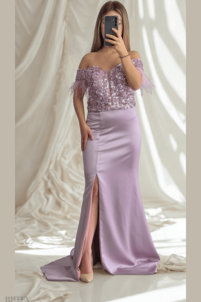 Üstü Payet Altı Saten Kolları Otriş Detaylı Abiye Elbise 1132