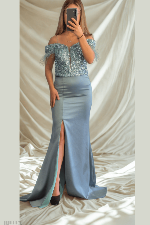 Üstü Payet Altı Saten Kolları Otriş Detaylı Abiye Elbise 1132