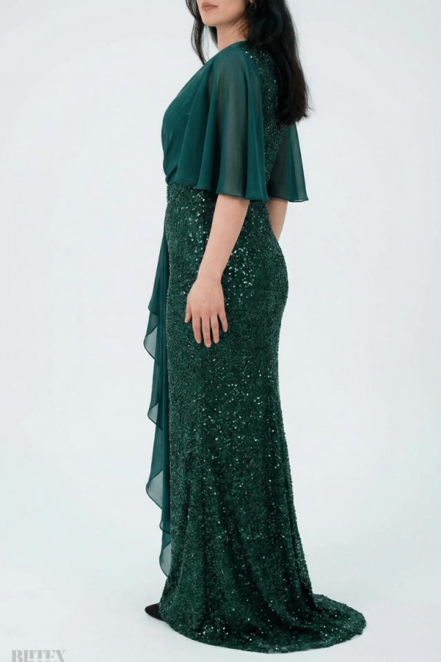 Büyük Beden Boncuklu Kumaş Uzun Abiye Elbise 1148btx