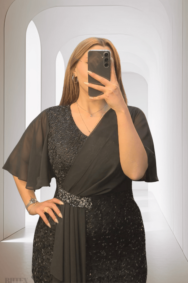 Büyük Beden Boncuklu Kumaş Uzun Abiye Elbise 1148btx