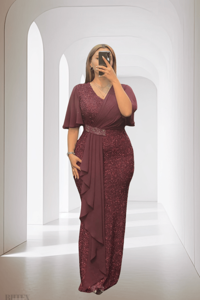 Büyük Beden Boncuklu Kumaş Uzun Abiye Elbise 1148btx