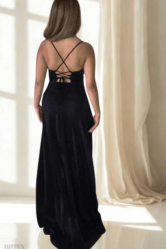 Sırtı İpli Volanlı Likralı Simli  Kumaş Abiye Elbise 16796btx