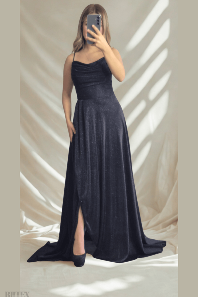 Sırtı İpli Volanlı Likralı Simli  Kumaş Abiye Elbise 16796btx