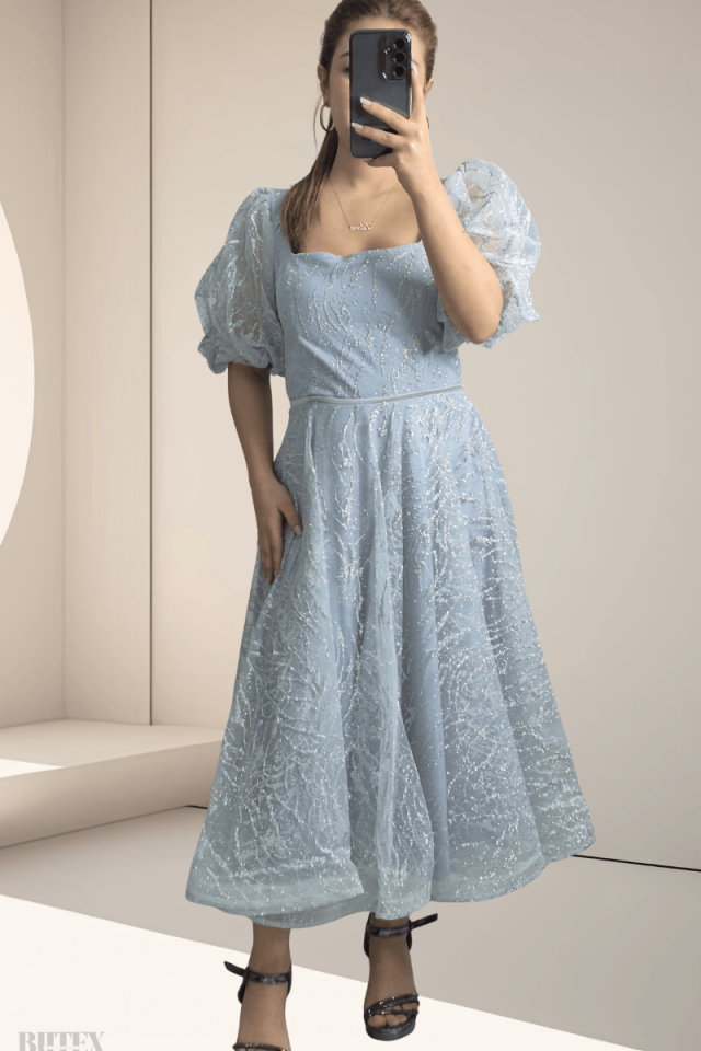 Midi Boy Simli Kumaş Abiye Elbise 1234btx