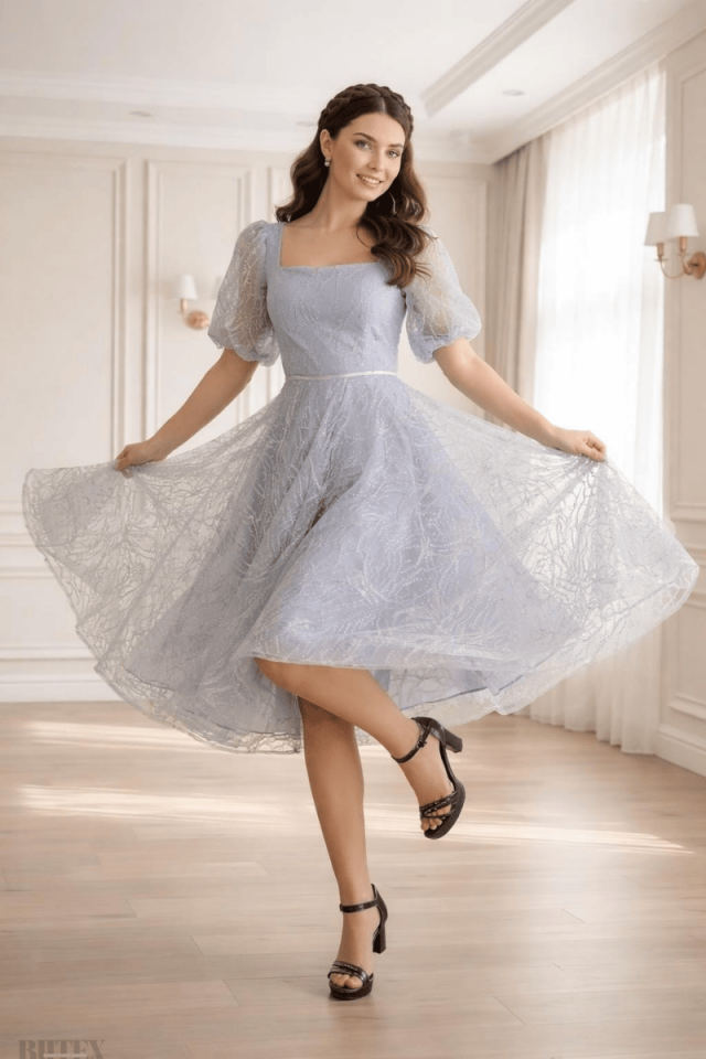 Midi Boy Simli Kumaş Abiye Elbise 1234btx