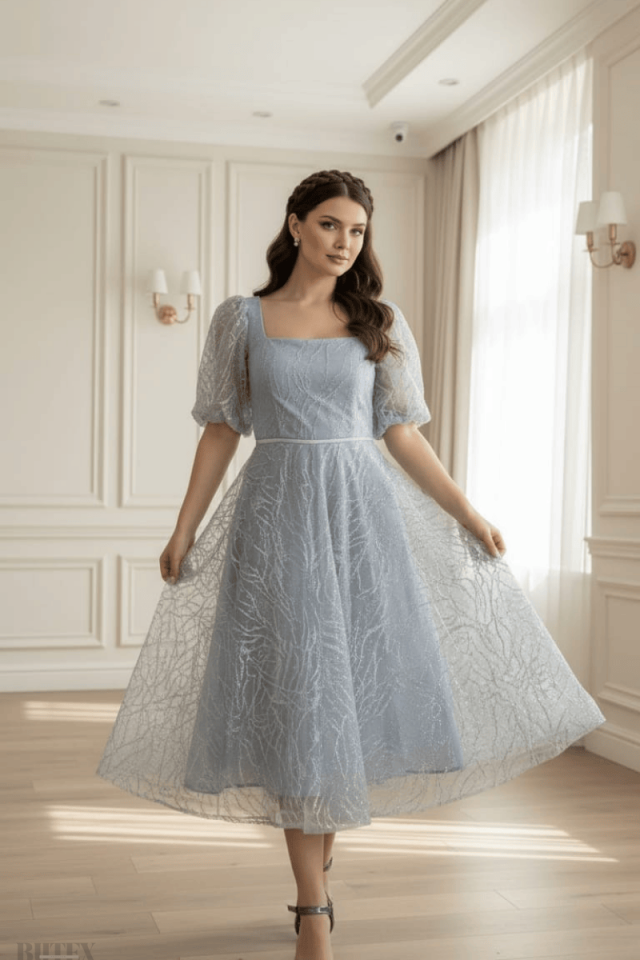 Midi Boy Simli Kumaş Abiye Elbise 1234btx