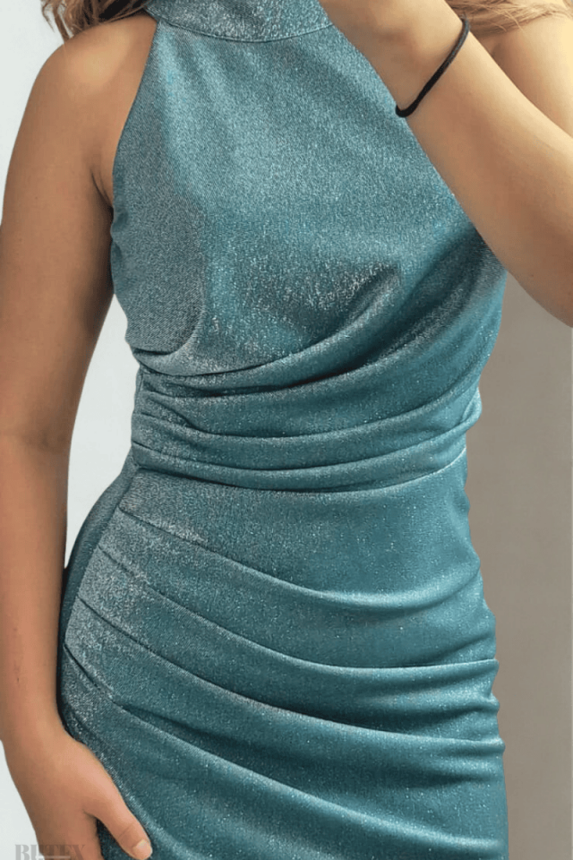 Simli Kumaş Halter Yaka Balık Abiye Elbise 1145btx