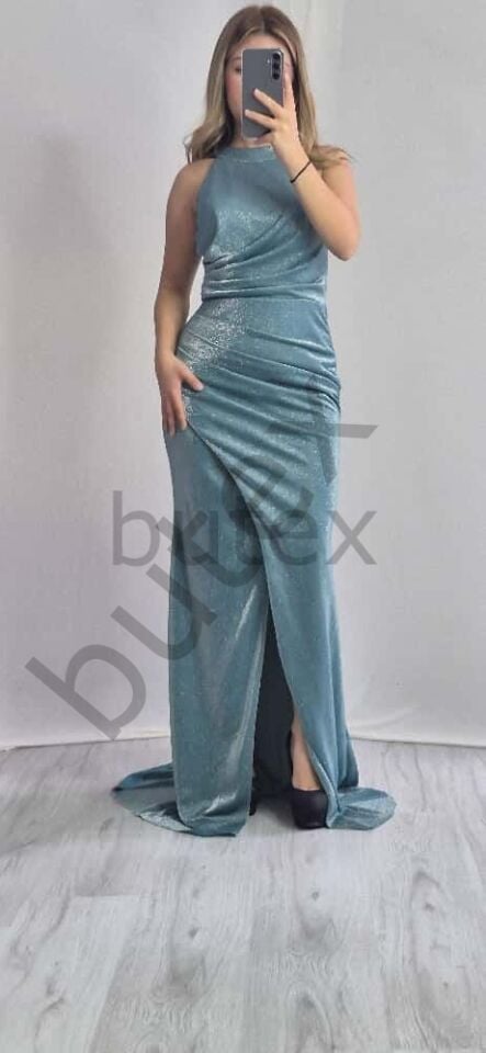 Simli Kumaş Halter Yaka Balık Abiye Elbise 1145btx