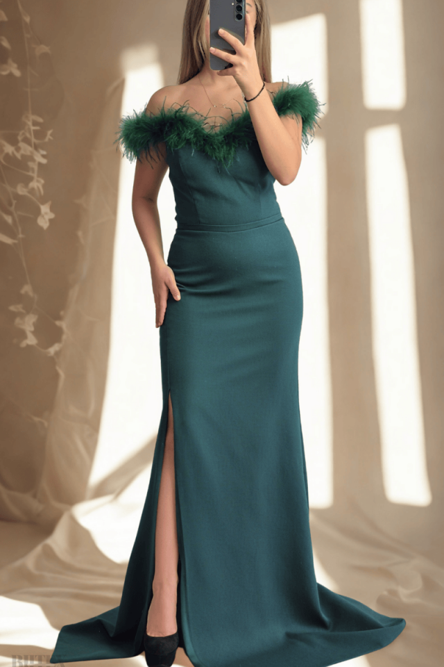 Otrişli Kayık Yaka Krep Kumaş Balık Abiye Elbise 1964btx