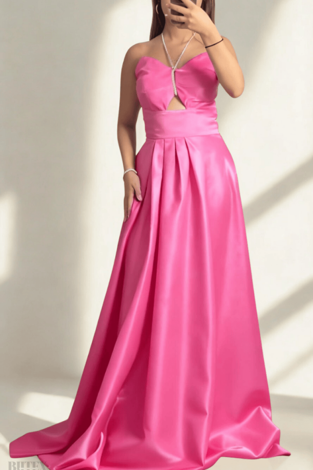 Tafta Saten Göbek Dekolteli  Boyundan Bağlamalı Abiye Elbise 6746btx