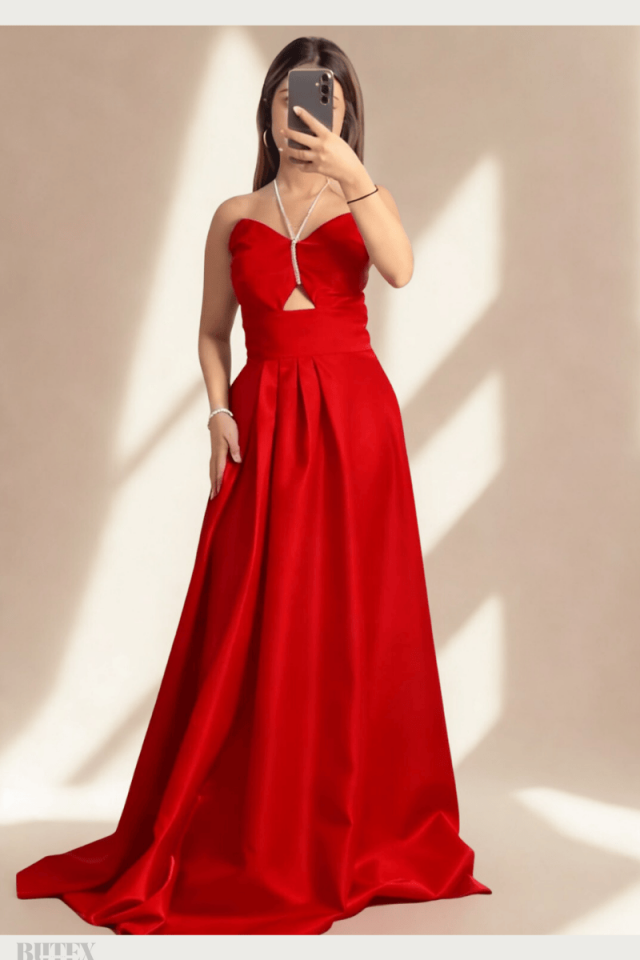 Tafta Saten Göbek Dekolteli  Boyundan Bağlamalı Abiye Elbise 6746btx