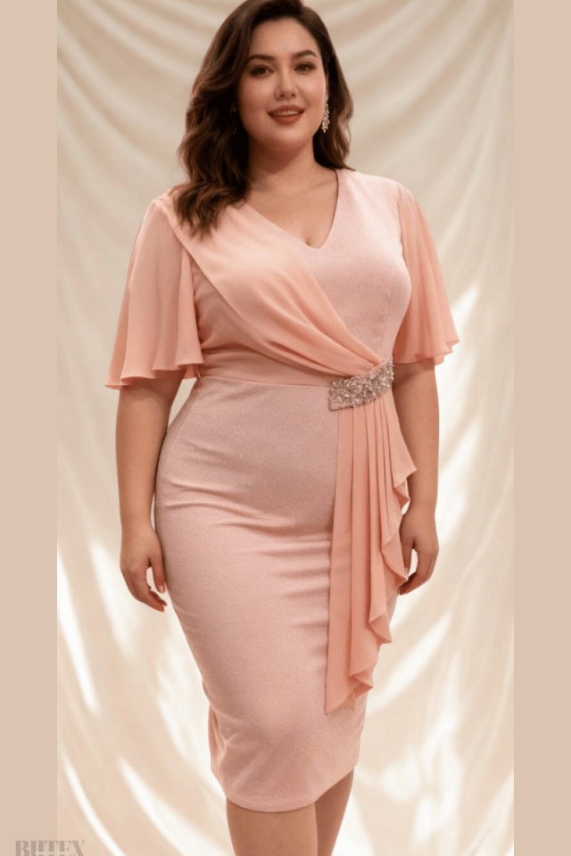 Büyük Beden  Simli  Likralı  Kumaş Göğsü Şifon Detaylı Beli Taş Aksesuarlı Midi Boy Abiye  Elbise 1137btx