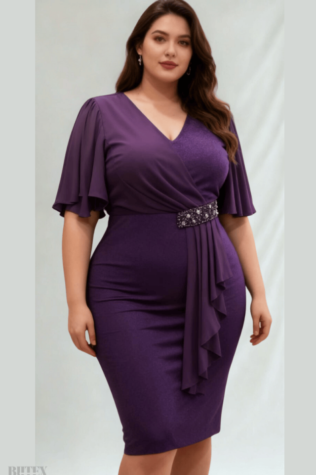 Büyük Beden  Simli  Likralı  Kumaş Göğsü Şifon Detaylı Beli Taş Aksesuarlı Midi Boy Abiye  Elbise 1137btx