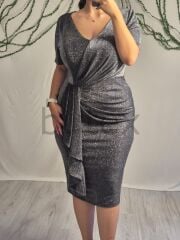 Büyük Beden Midi Boy Simli Kumaş Likralı Abiye Elbise 96796btx