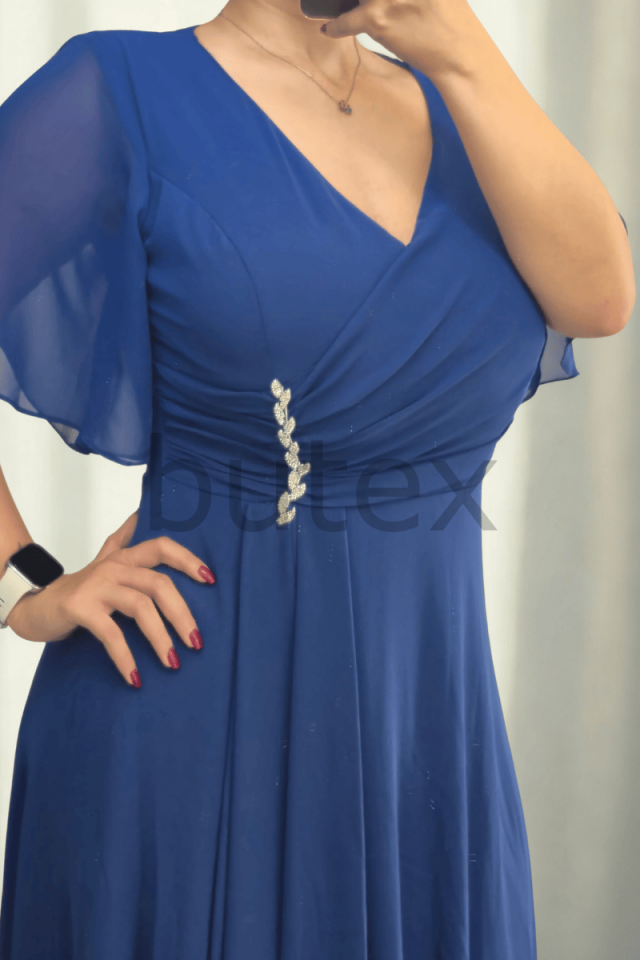 Büyük Beden Beli Su Yolu Taşlı  Kısa  Şifon Abiye Elbise 1117