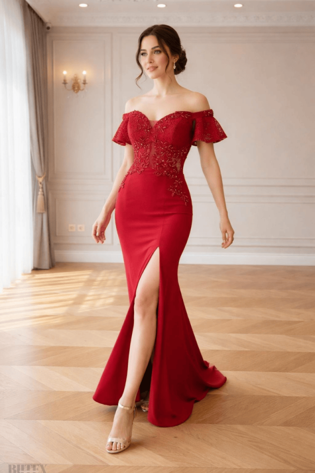 Üst Dantel Alt Krep Kumaş Bağcıklı Balık Abiye Elbise 3200btx