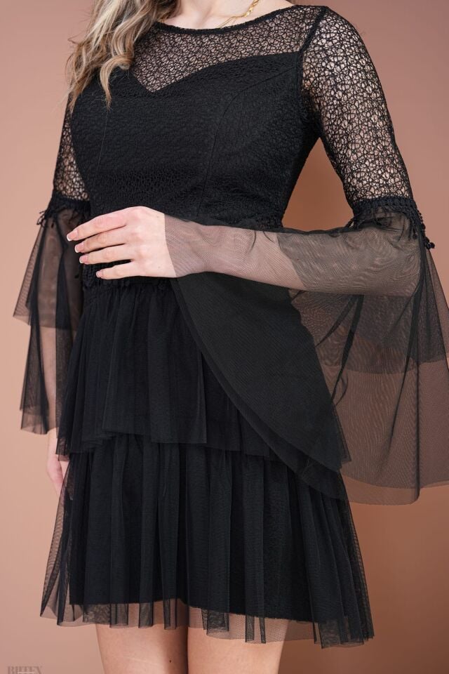 Eteği KatKat Tül detaylı  Kısa Çıtır Dantel Abiye Elbise 3796btx