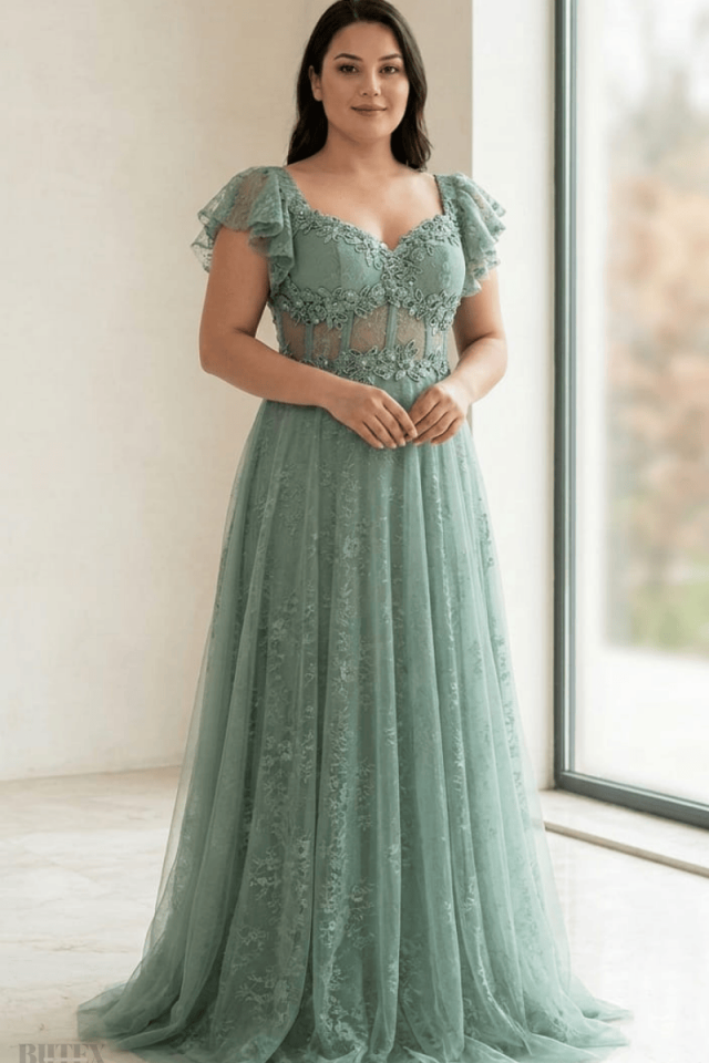 Çağla Yeşili Kolları Volanlı  Büyük Beden Abiye Elbise 2110btx