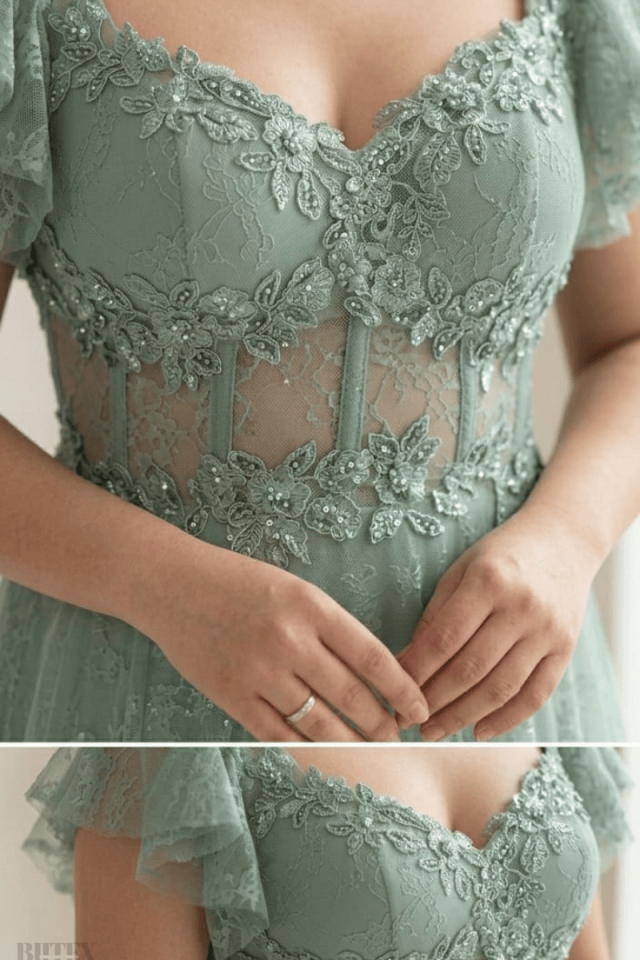 Çağla Yeşili Kolları Volanlı  Büyük Beden Abiye Elbise 2110btx