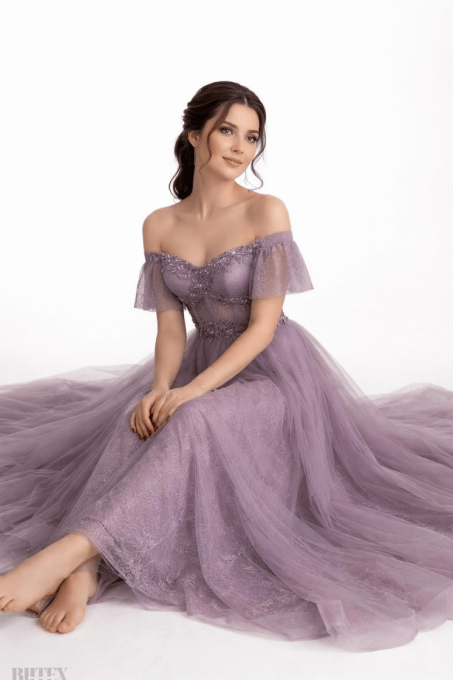 Lavanta Kolları Volanlı  Büyük Beden Abiye Elbise 2110btx