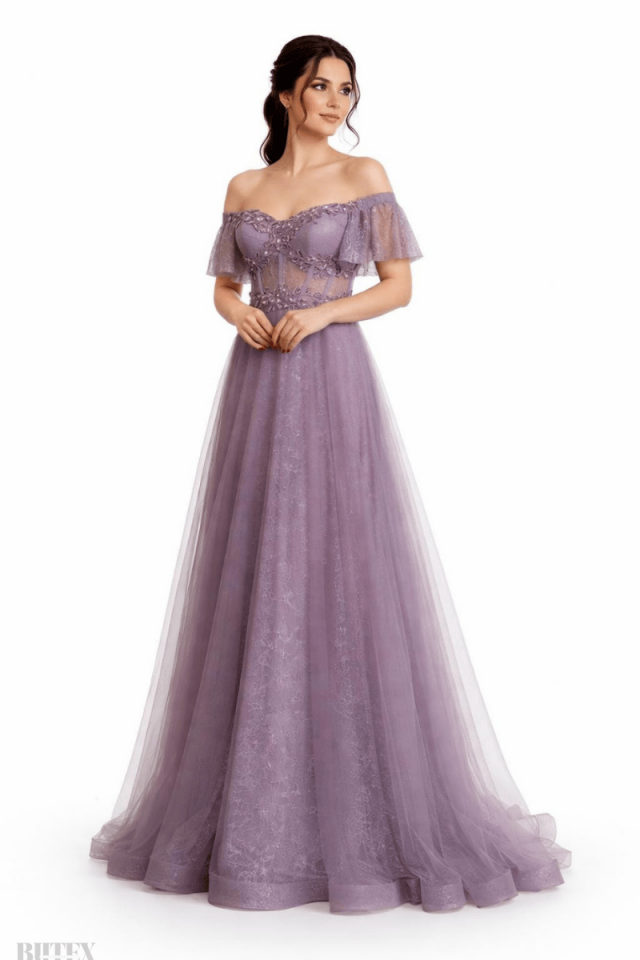 Lavanta Kolları Volanlı  Büyük Beden Abiye Elbise 2110btx