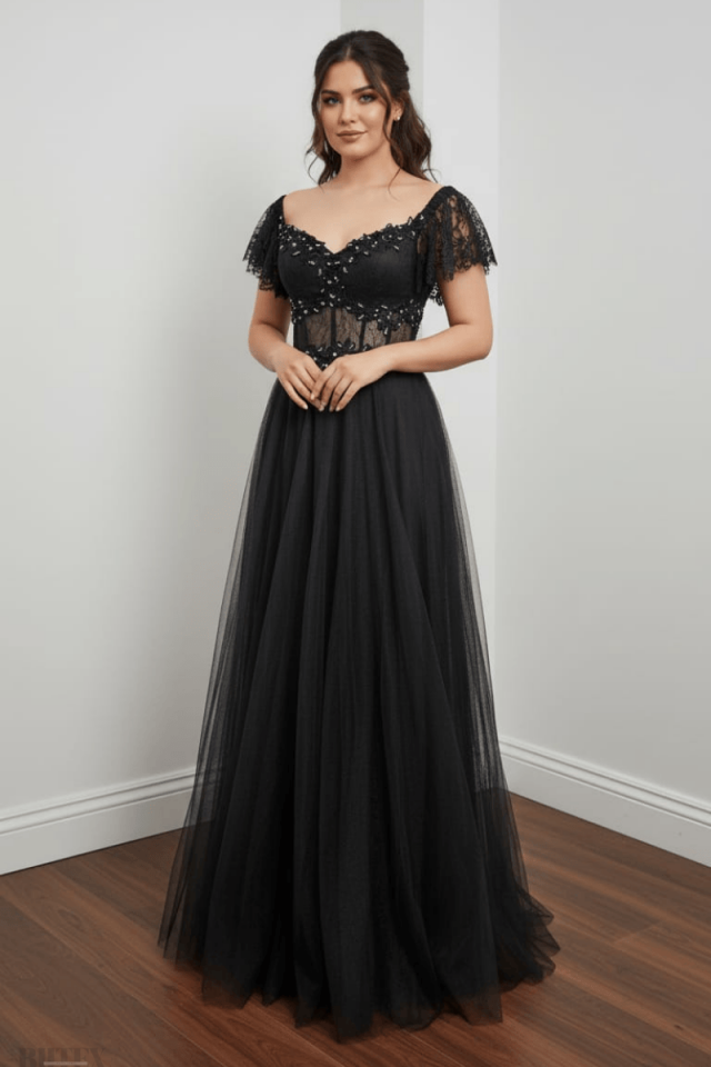 Kolları Volanlı Tül Abiye Elbise 2110btx