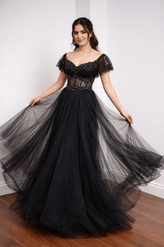 Kolları Volanlı Tül Abiye Elbise 2110btx