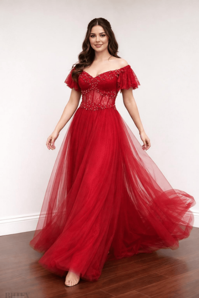 Kolları Volanlı Tül Abiye Elbise 2110btx