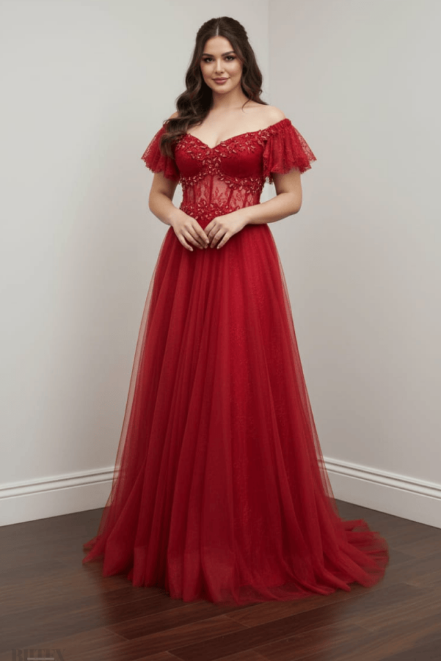 Kolları Volanlı Tül Abiye Elbise 2110btx