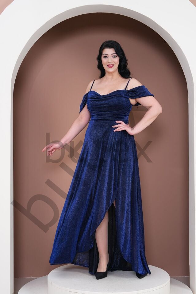 Büyük Beden Simli Kumaş Likralı Abiye Elbise 8639btx