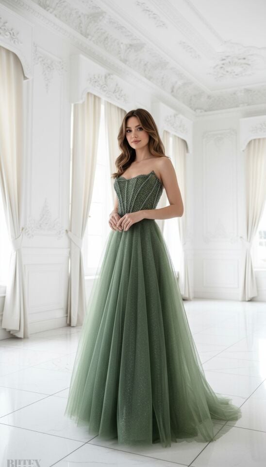 Özel Tasarım Boncuk İşlemeli Tül Elbise 7203btx