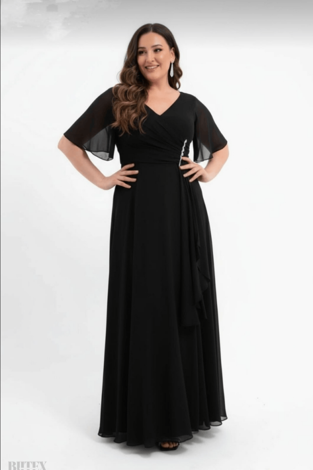 Büyük Beden Uzun Tam Boy Beli Suyolu Taş Detaylı Şifon Abiye Elbise 1117btx