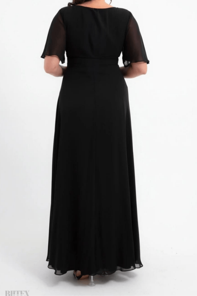 Büyük Beden Uzun Tam Boy Beli Suyolu Taş Detaylı Şifon Abiye Elbise 1117btx