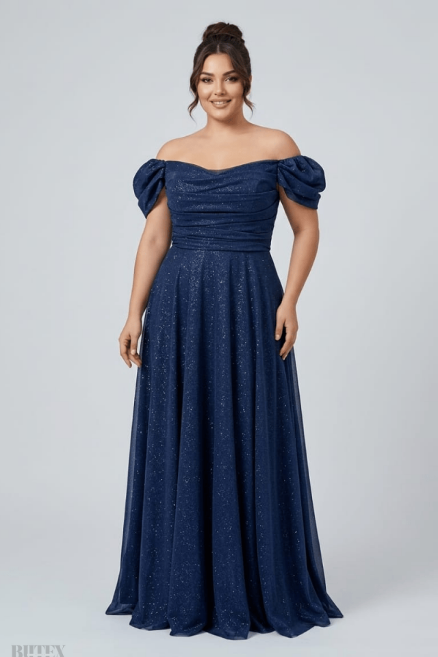 Büyük Beden Düşük Kollu Simli Tül Abiye Elbise 7360btx