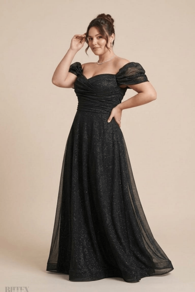 Büyük Beden Düşük Kollu Simli Tül Abiye Elbise 7360btx