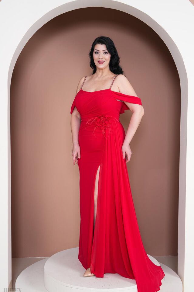 Büyük Beden Beli Gül Broşlu  Yandan Kuyruklu Büyük Beden Şifon Abiye Elbise  6579btx