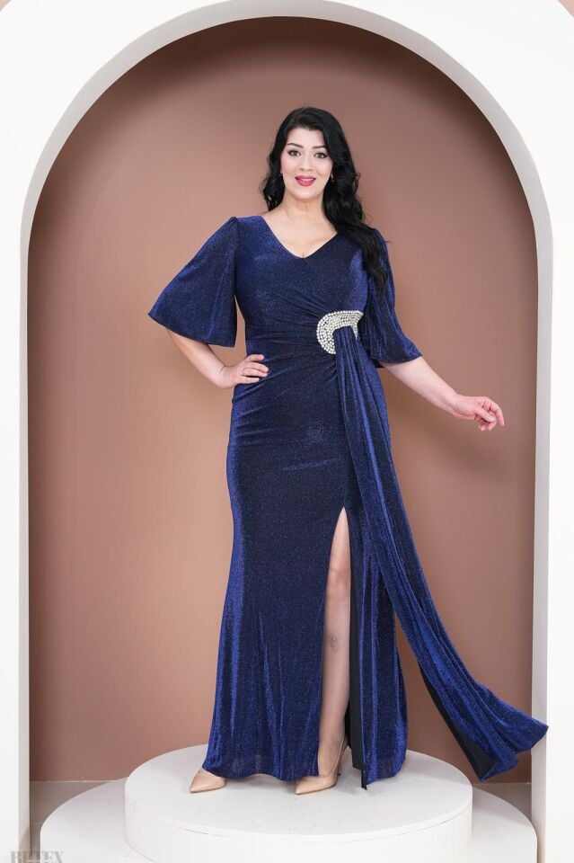 Büyük Beden  Simli Likralı Kumaş Beli Taş Detaylı Abiye Elbise 3036BTX