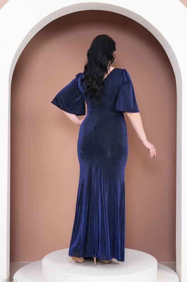 Büyük Beden  Simli Likralı Kumaş Beli Taş Detaylı Abiye Elbise 3036BTX