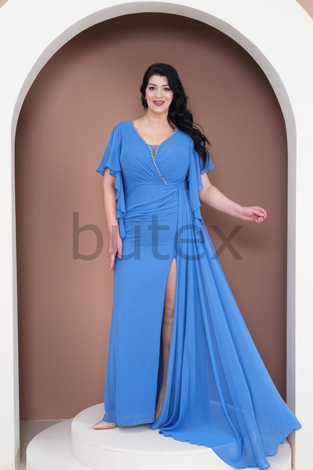 Büyük Beden Şifon Kumaş Yırtmaç Detaylı Abiye Elbise 3974btx