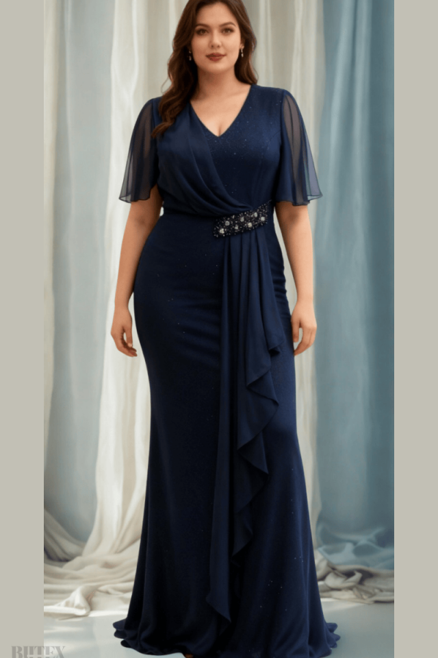 Büyük Beden Simli Esnek Kumaş Bel Taş Aksesuar  Detaylı Uzun  Abiye Elbise 1143btx