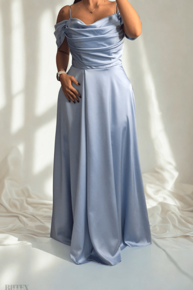 İp Askılı Düşük Kol  Kapaklı Yırtmaç Uzun Saten Abiye  Elbise 9874btx